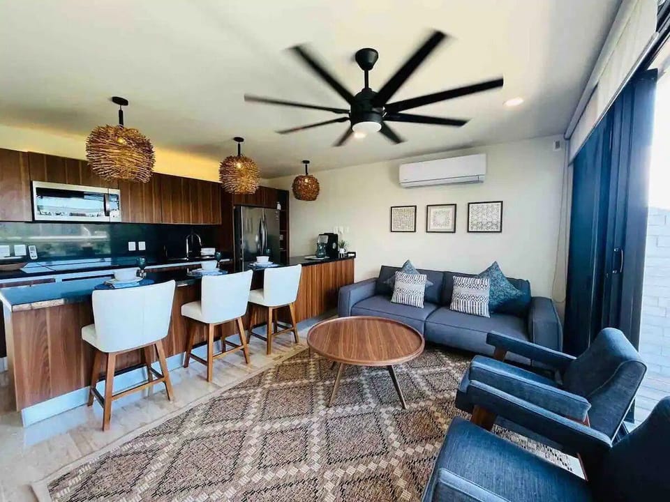 Open-concept living room with modern furnishings