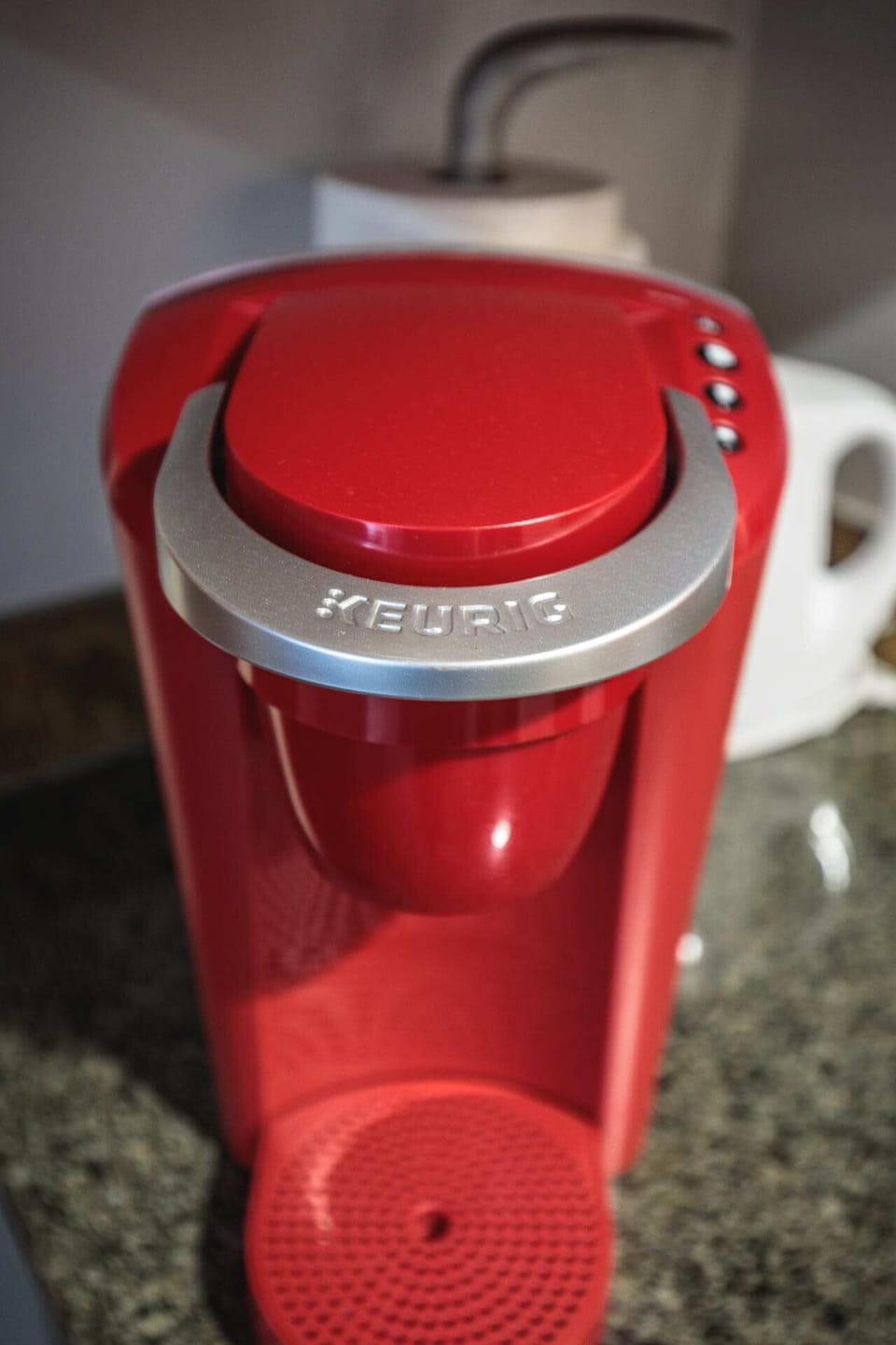 Keurig machine ready for your morning brew. Please bring your own cups.