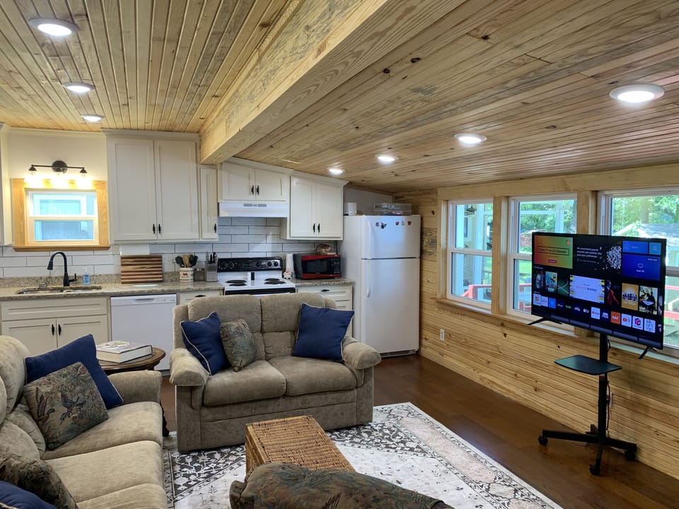 Open living space with 50 in TV on roller.