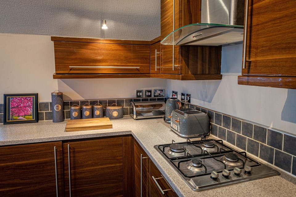 Fridge, dishwasher, electric kettle, toaster