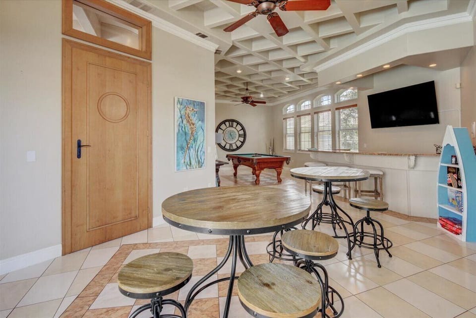 Pool table, bar, game room