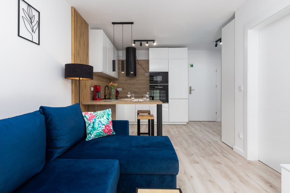 A wider view of the living room and kitchen with sleek furniture and thoughtful decor.
