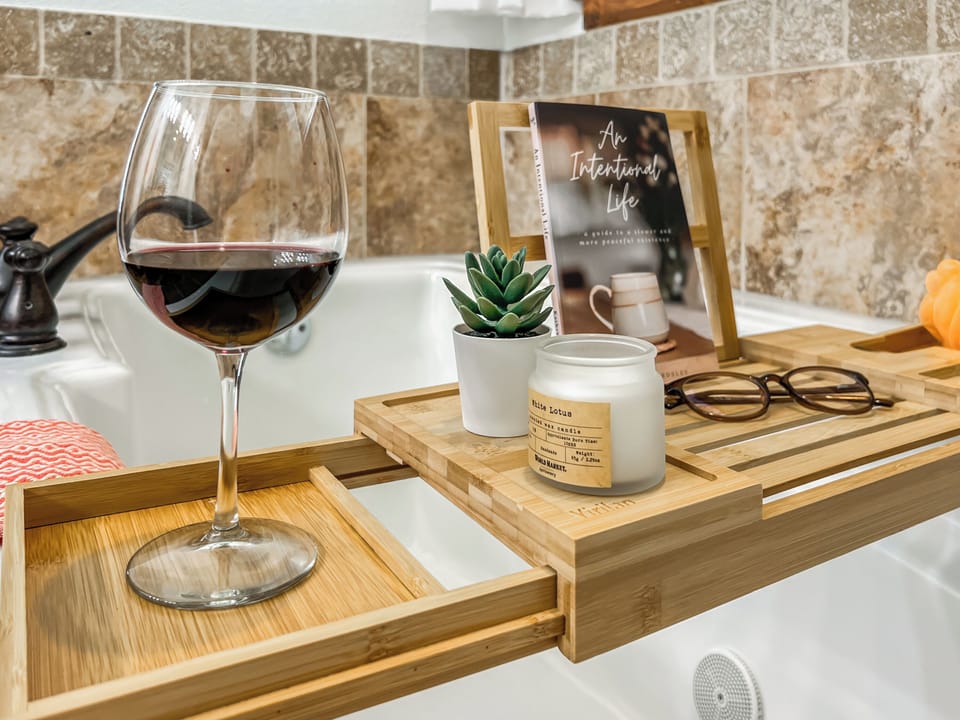 Enjoy a luxurious soak with a glass of wine, a great book, and all the peaceful vibes you need