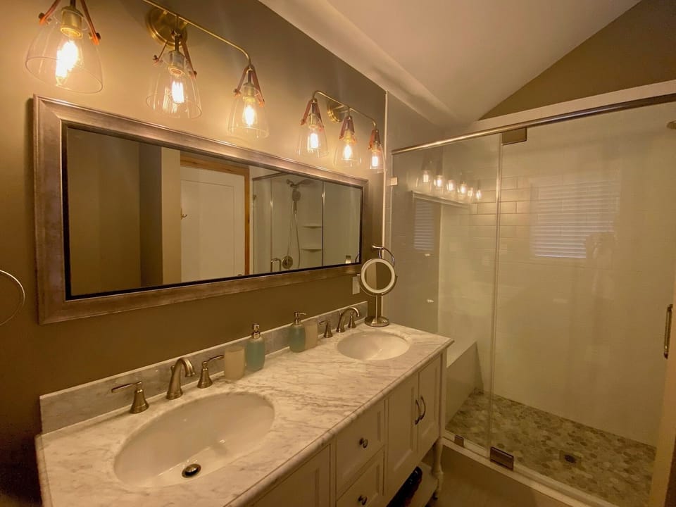 King bathroom with extra large shower.