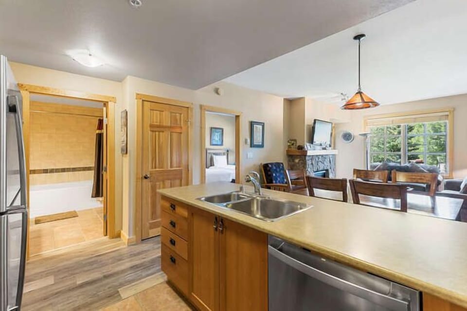 Kitchen looking out into living area.
