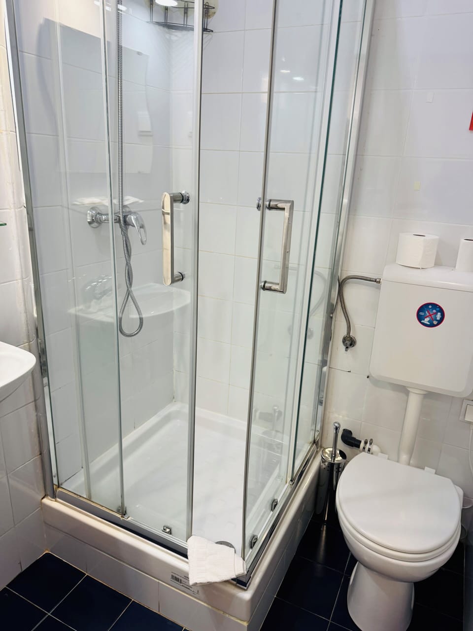 Shower, rainfall showerhead, hair dryer, towels