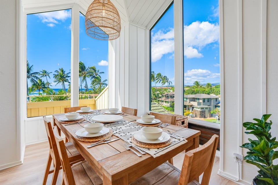 Gorgeous views of ocean, beach, and mountains from dining area