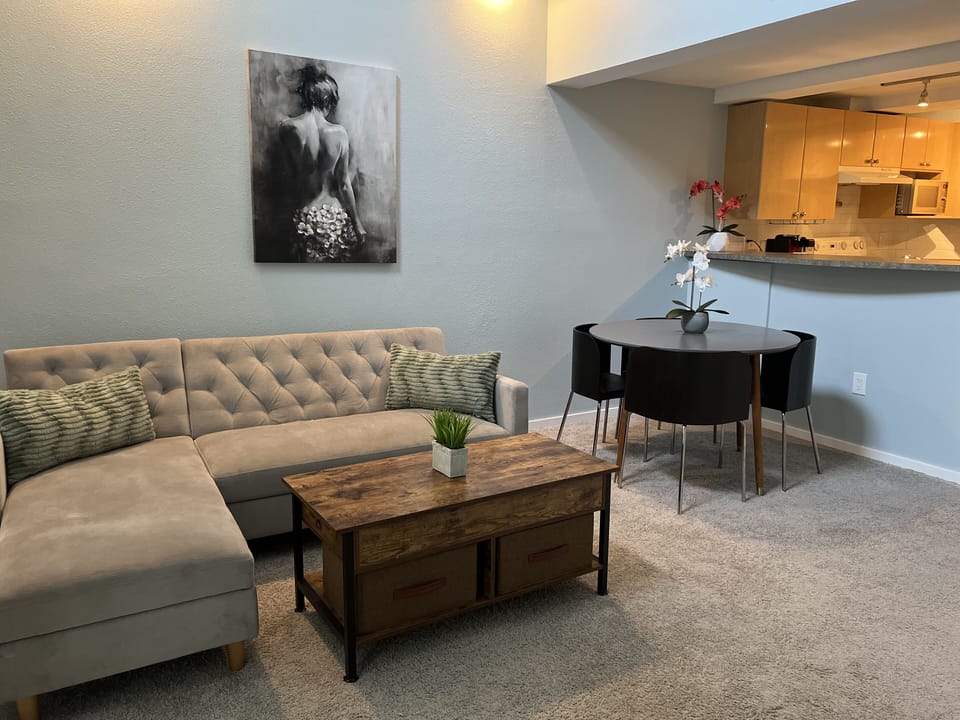 Next to the couch there is the dinning table and a full size kitchen.