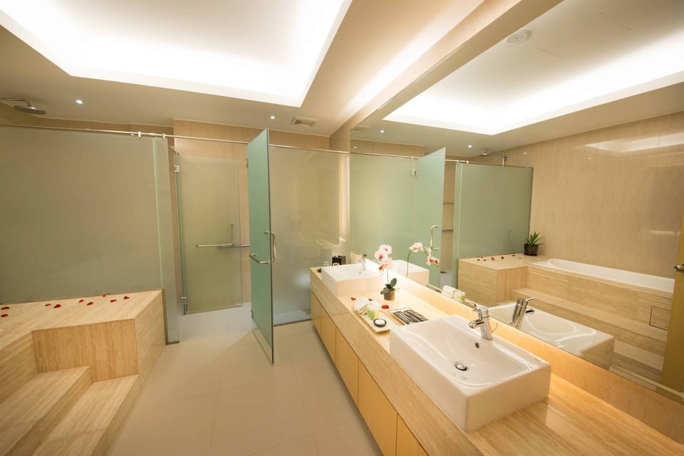 Separate tub and shower, free toiletries, hair dryer, bathrobes