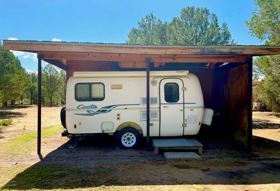 The Casita camper has 2 small beds, no kitchen, bath, heat or electricity. 