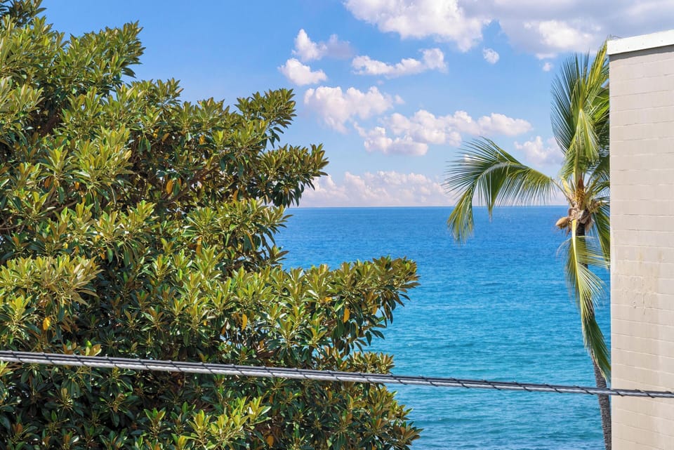 Property located along a stunning tropical coastline, featuring vibrant foliage and serene ocean views framed by swaying palms and bright blue skies.