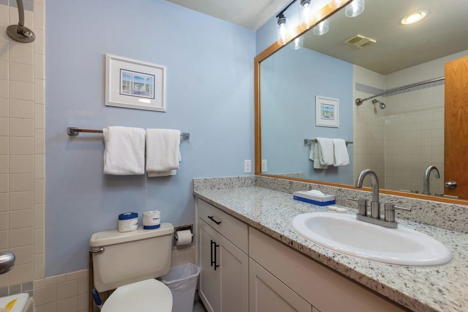 A bathroom with a large mirror, sink, and vanity under bright lights. There is a toilet with a towel rack above it holding two white towels. A framed picture is on the wall, and toiletries are on the counter.