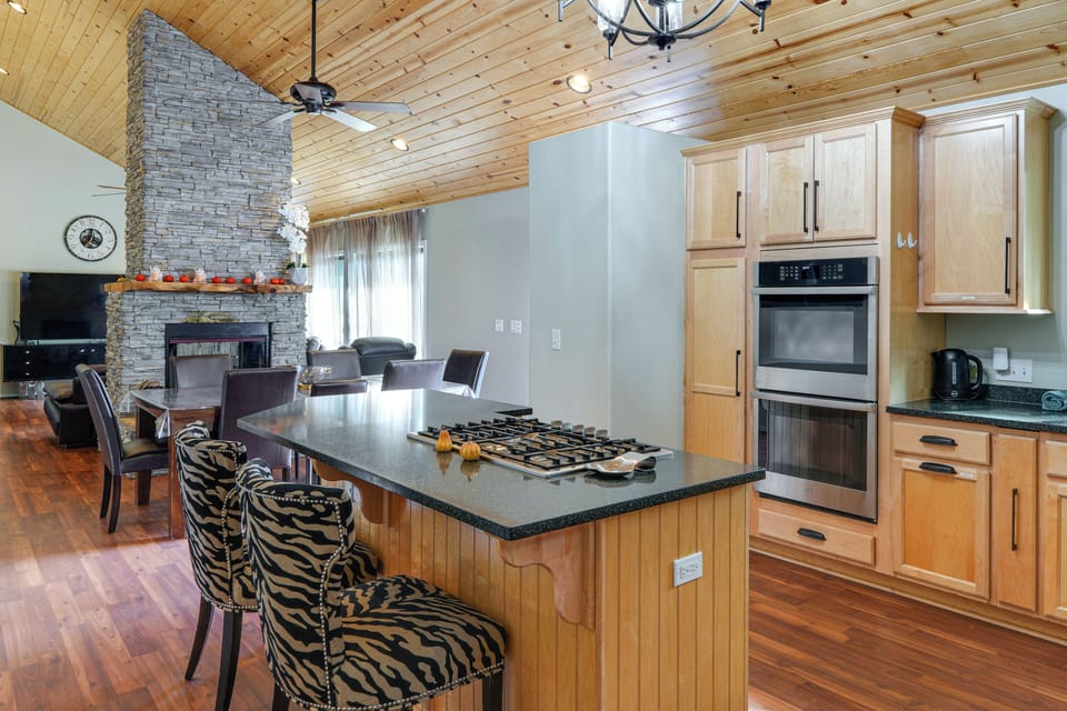 Kitchen | Cooking Basics Supplied | Open Interior | Stone Fireplace