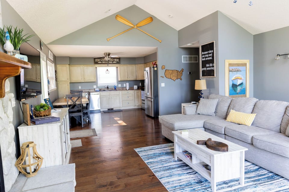 Main living area looking into an open kitchen