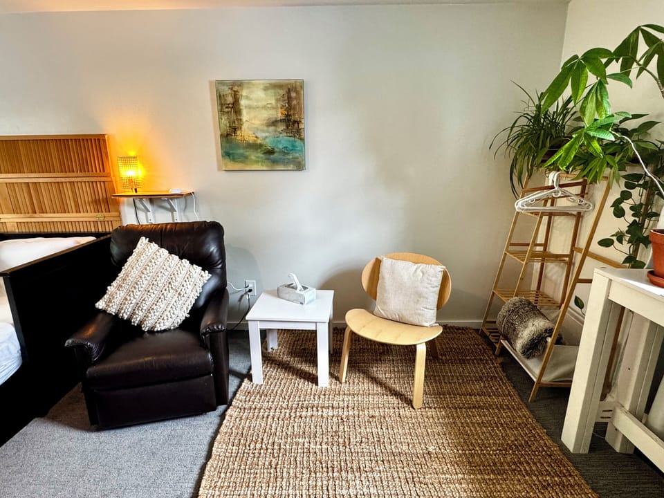 King bed, Roku TV, Netflix, seating area, dresser, A/C, blackout curtains.