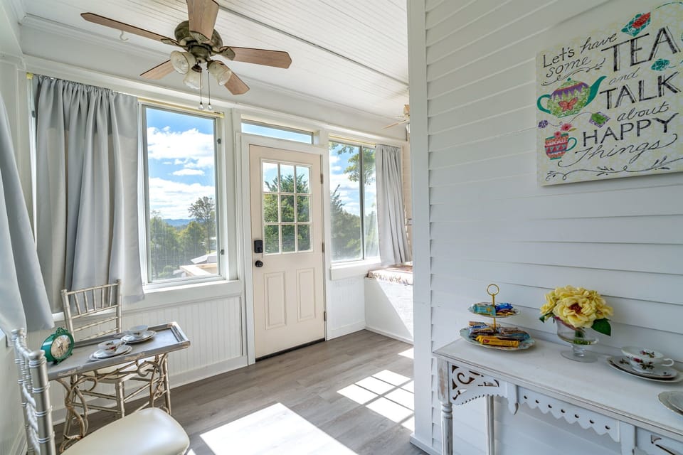 Relax in the quaint tea room in the sunroom as you sip your coffee or tea