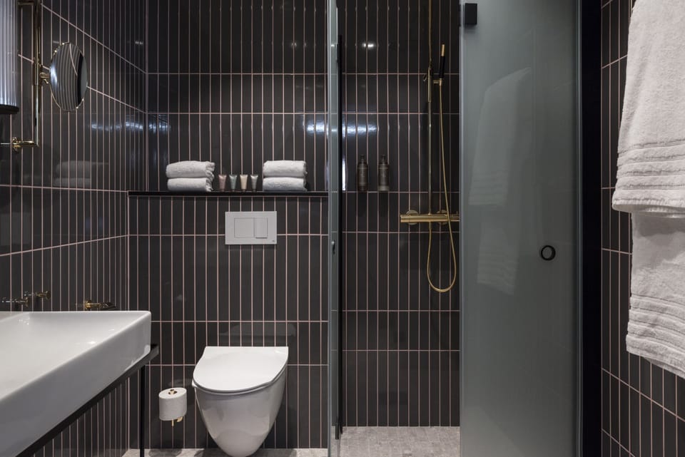 Shower, free toiletries, hair dryer, towels