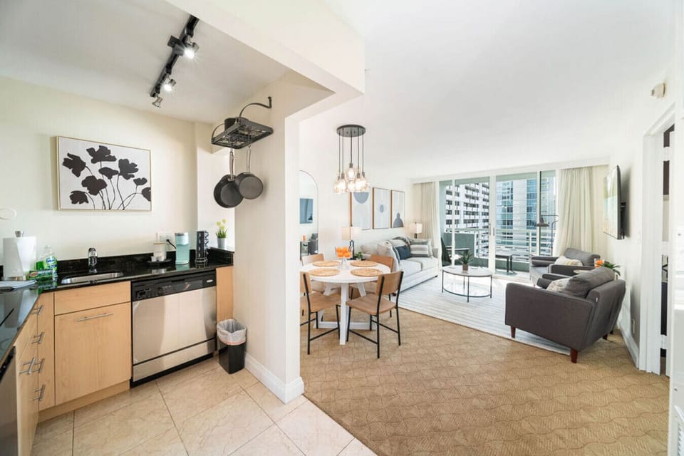 Wide angle of Kitchen, Dining room & Living room
