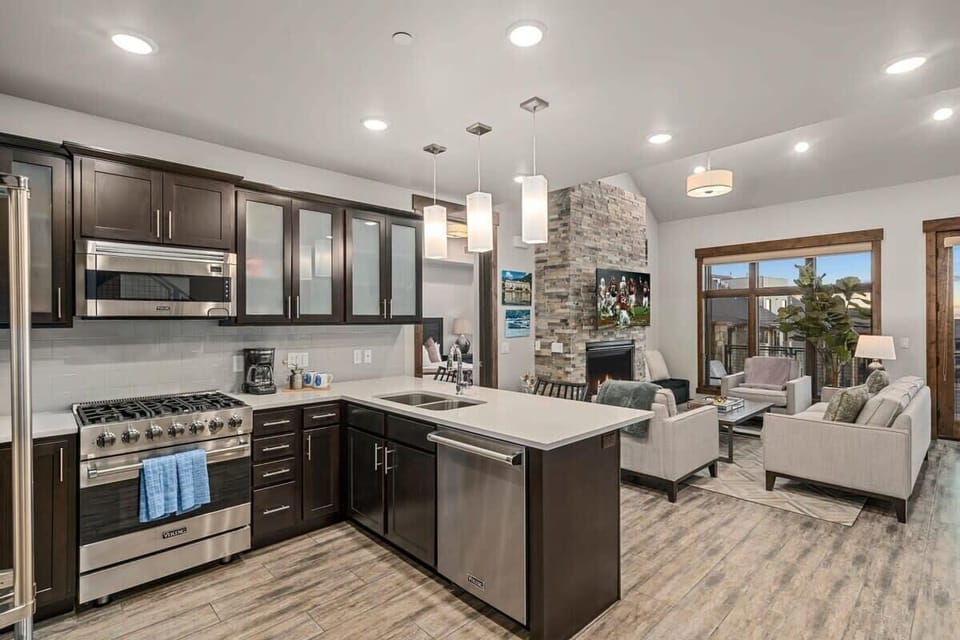 Open great room with double height ceilings