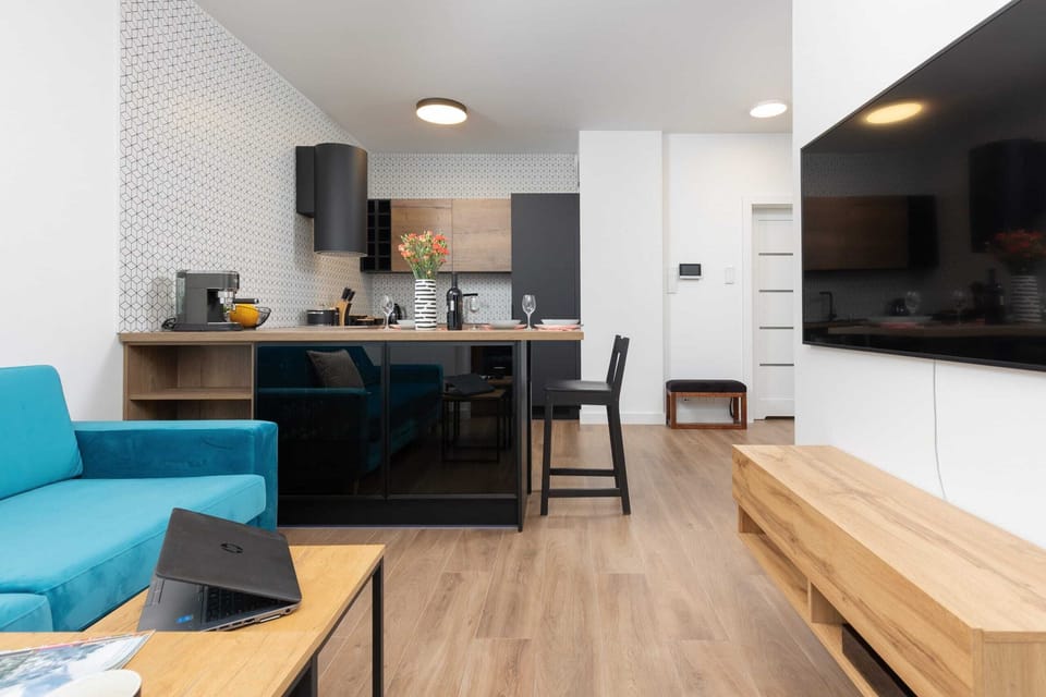 Living room with a fold-out sofa bed, TV, dining area and kitchenette.