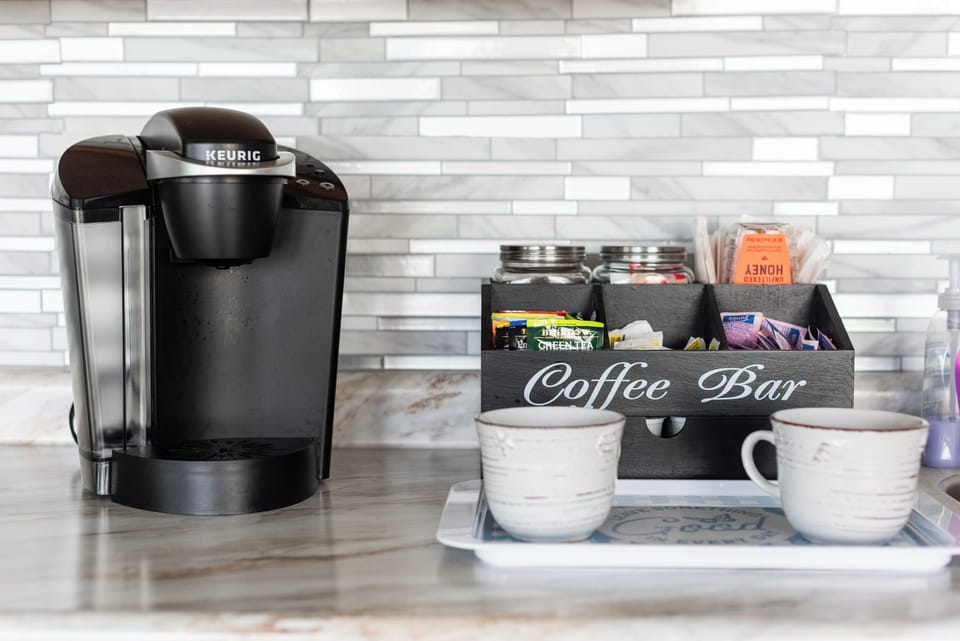 Coffee bar, K-cups provided, assortment of Tea for the perfect start or end of the day.