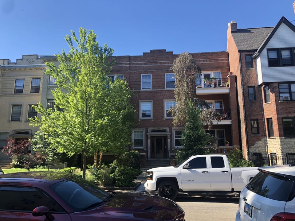 Front of building.  Unit is on high 1st floor on the left.