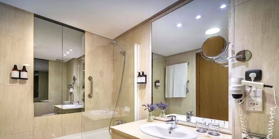 Combined shower/tub, hair dryer, towels