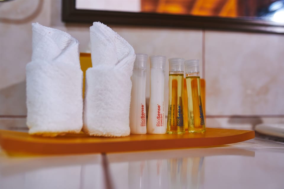 Free toiletries, hair dryer, towels, soap