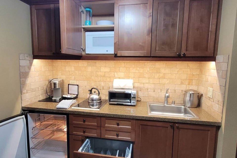 Microwave, minifridge, two-top stove, countertop oven, dishwasher, disposal