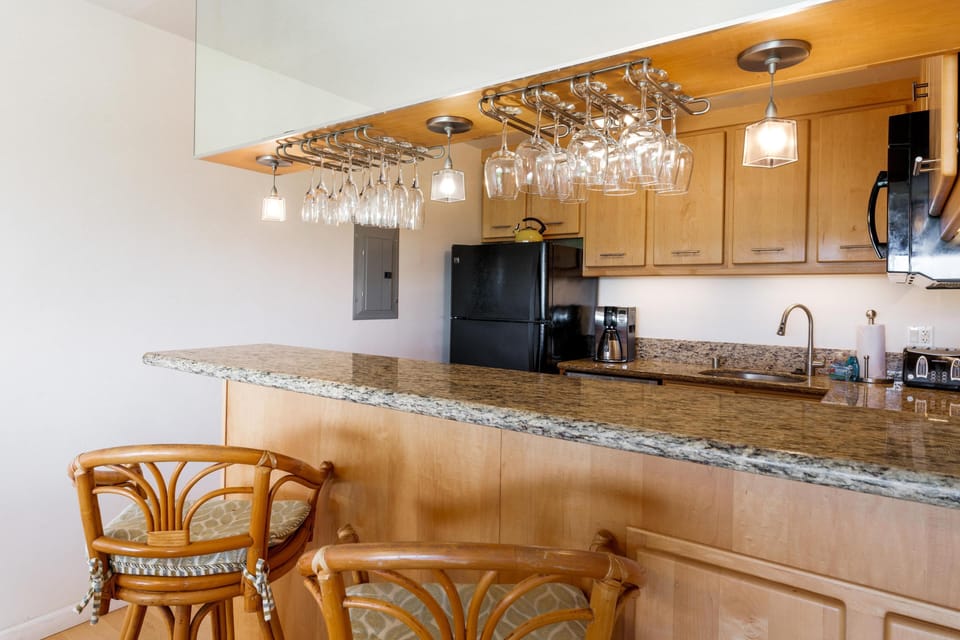 Perfect glassware to fit the perfect drink. Well-equipped kitchen with modern updates, full-size appliances, and everything needed for effortless meal prep during your stay.
