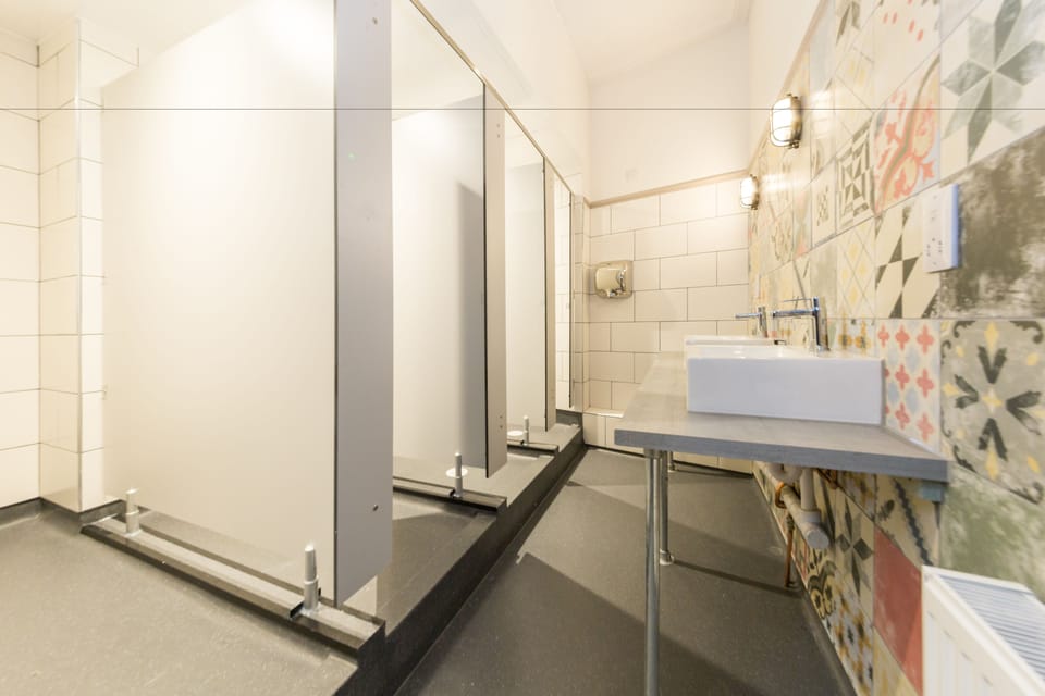 Shower, hair dryer, soap, shampoo