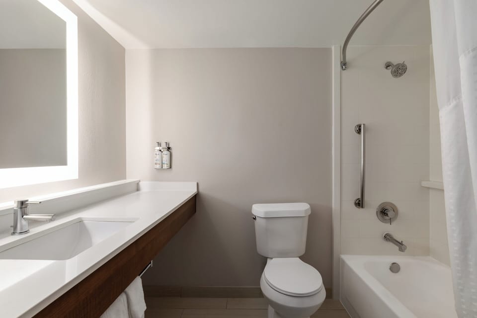 Combined shower/tub, free toiletries, hair dryer, towels
