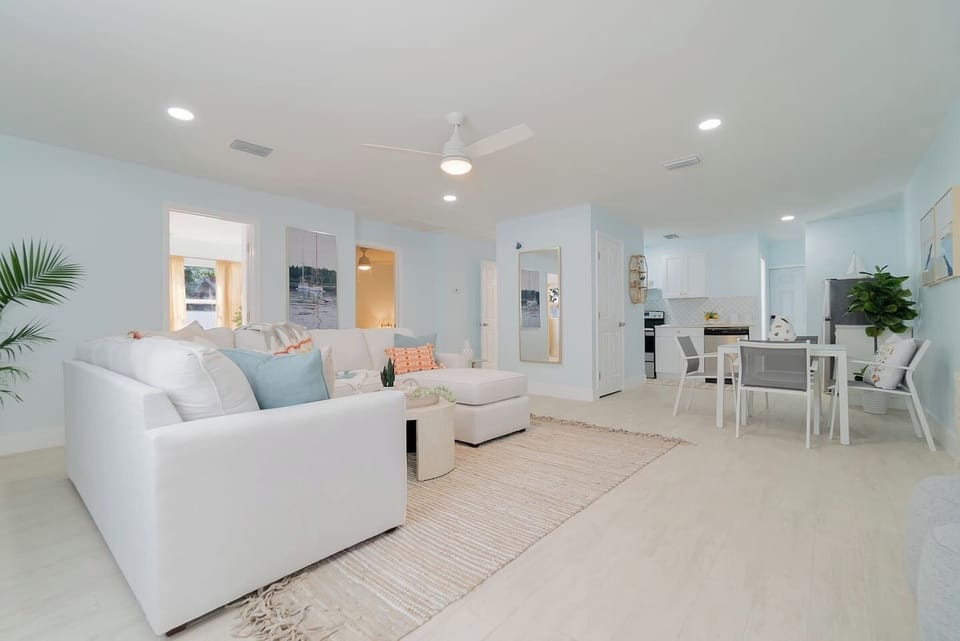 Pictured here is our living area with the dining and kitchen in the background.