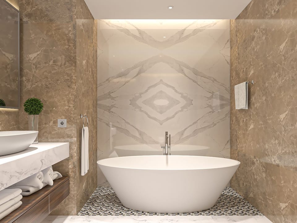 Separate tub and shower, hair dryer, slippers, towels