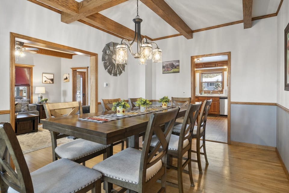 The dining room leads from the living room and kitchen. Seats 8. Laundry room located to the left.