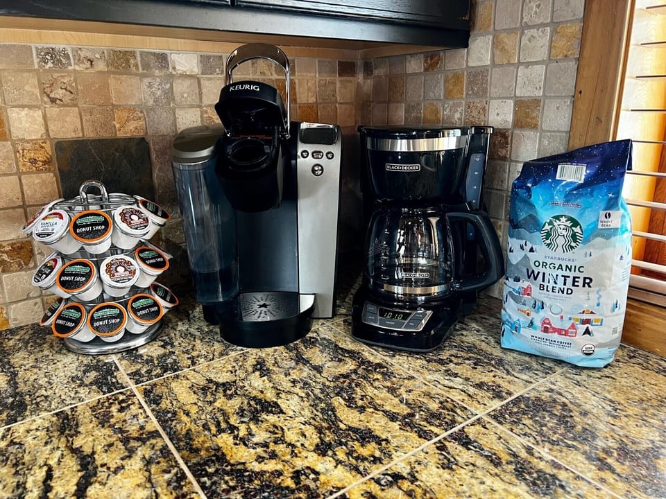 Coffee bar with keurig and drip coffee maker with grinder and Starbucks beans