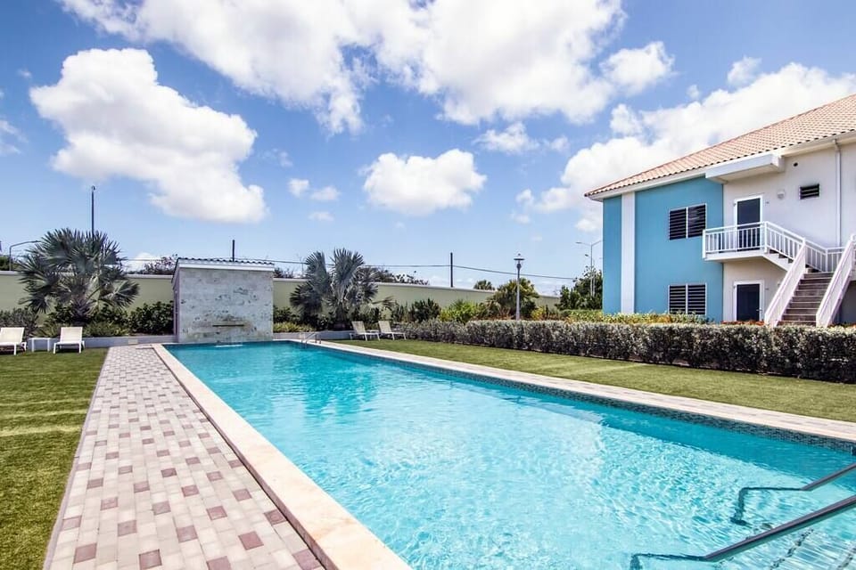 20x5 meter swimming pool. Enough sunbeds available on the artificial grass. (1)