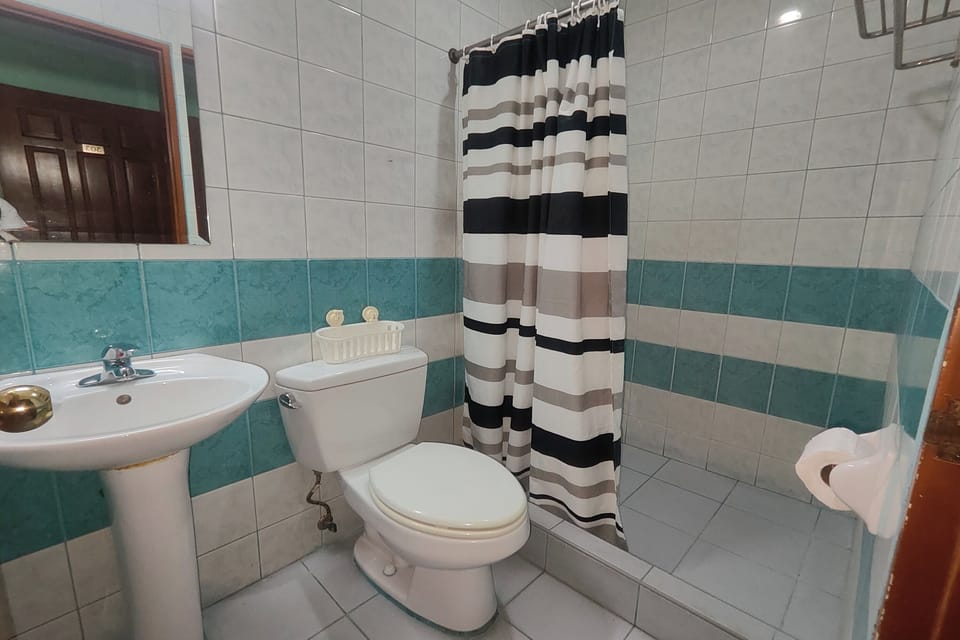 Shower, rainfall showerhead, free toiletries, towels