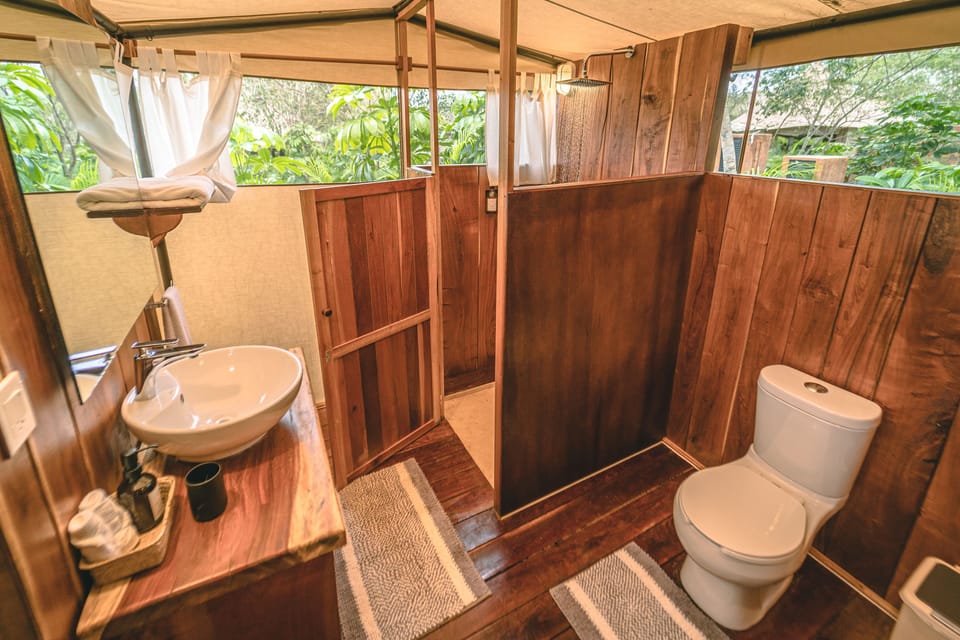 Shower, free toiletries, towels, soap