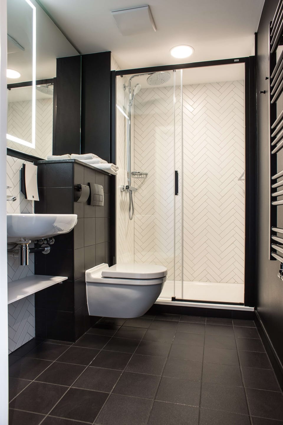 Shower, rainfall showerhead, eco-friendly toiletries, hair dryer