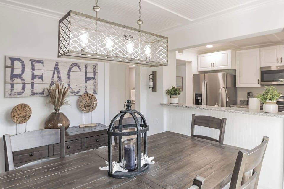 Dine under the unique chandelier. 