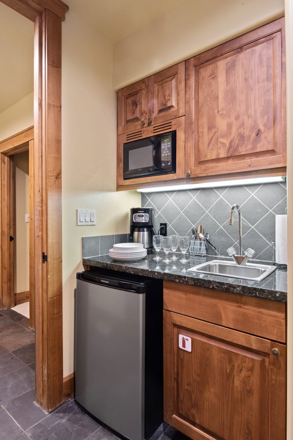 Kitchenette with mini-fridge and microwave
