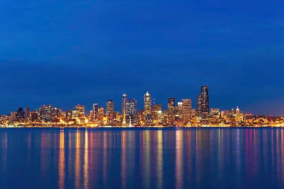 Night view of downtown Seattle from Alki beach (5-10 mins away)
