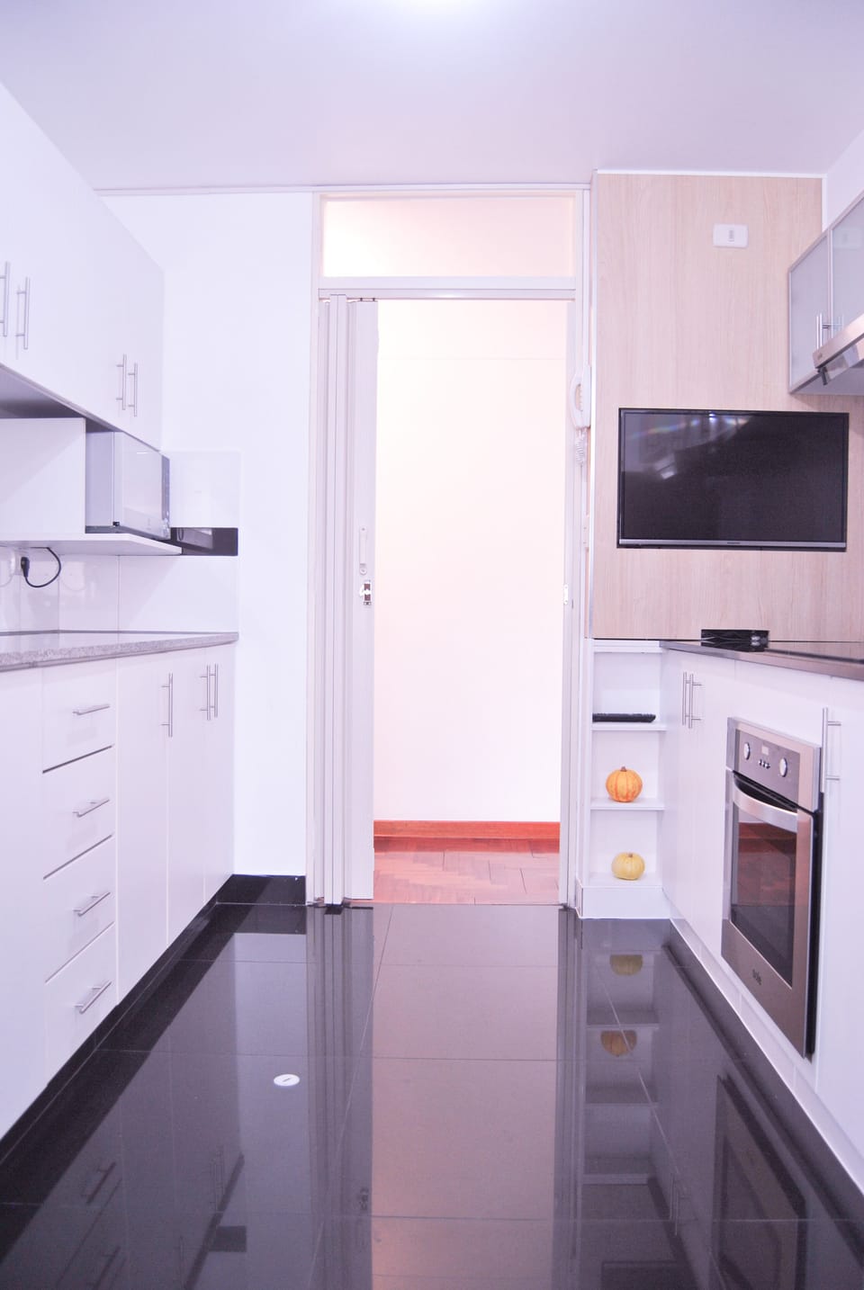 Minimalistic kitchen w/ induction cooker and built-in electric oven and smart TV