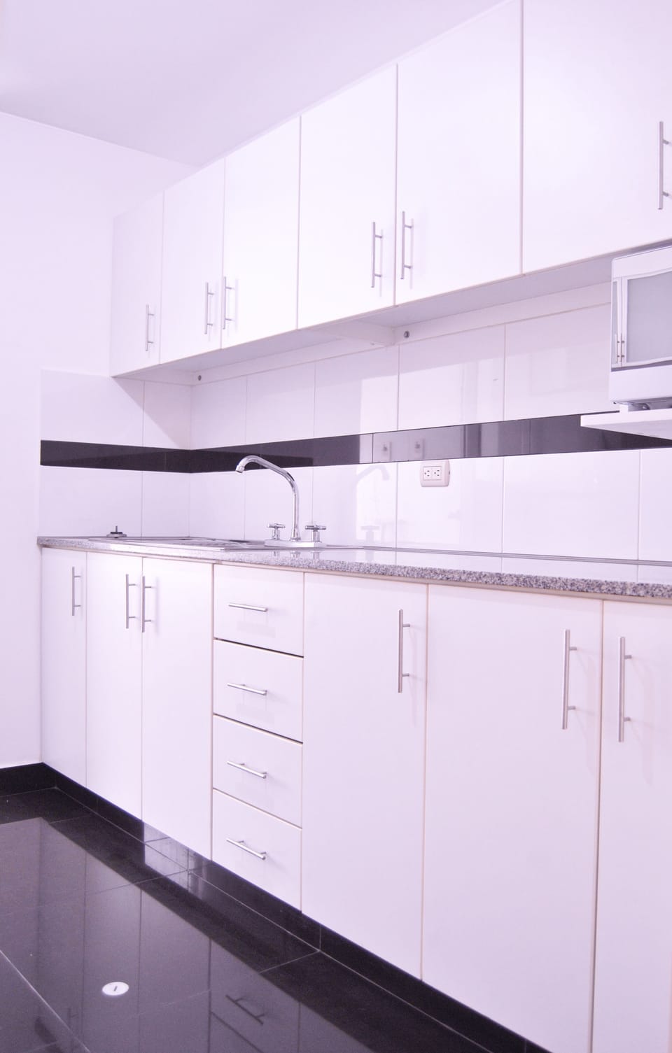 Minimalistic kitchen with cabinets, microwave and kitchen sink
