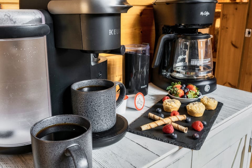 Take your pick of coffee in the morning from coffee bar.