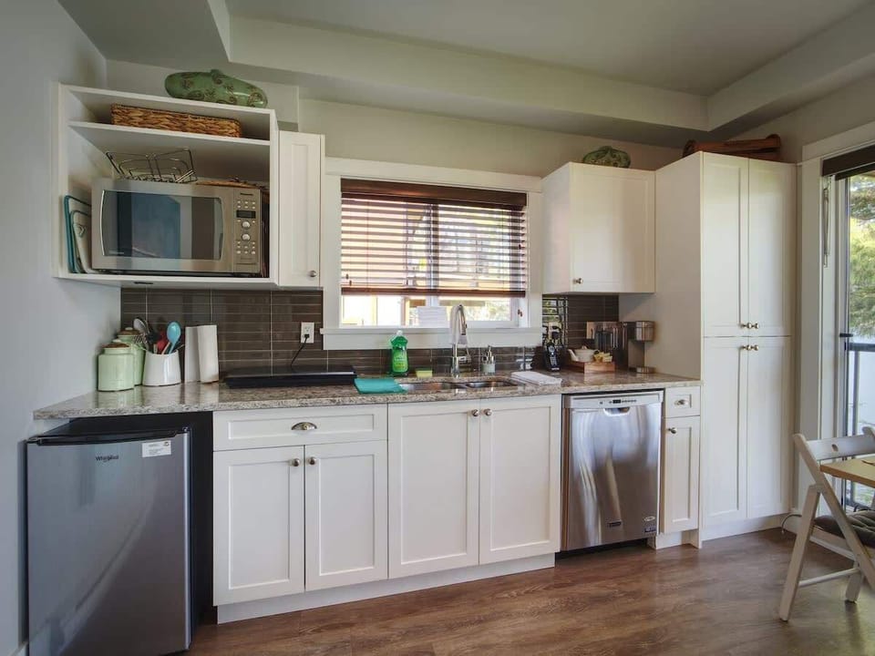mini bar fridge, induction 2 burner cook top (used special pots, supplied), microwave and dishwasher. 