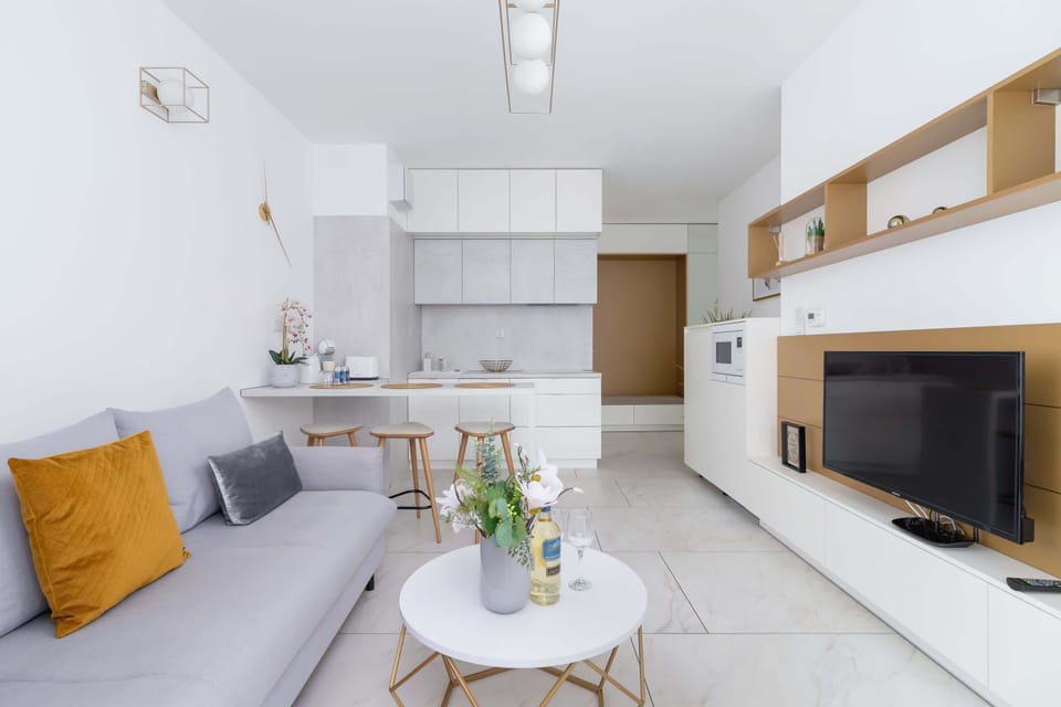 Living room with dining table.