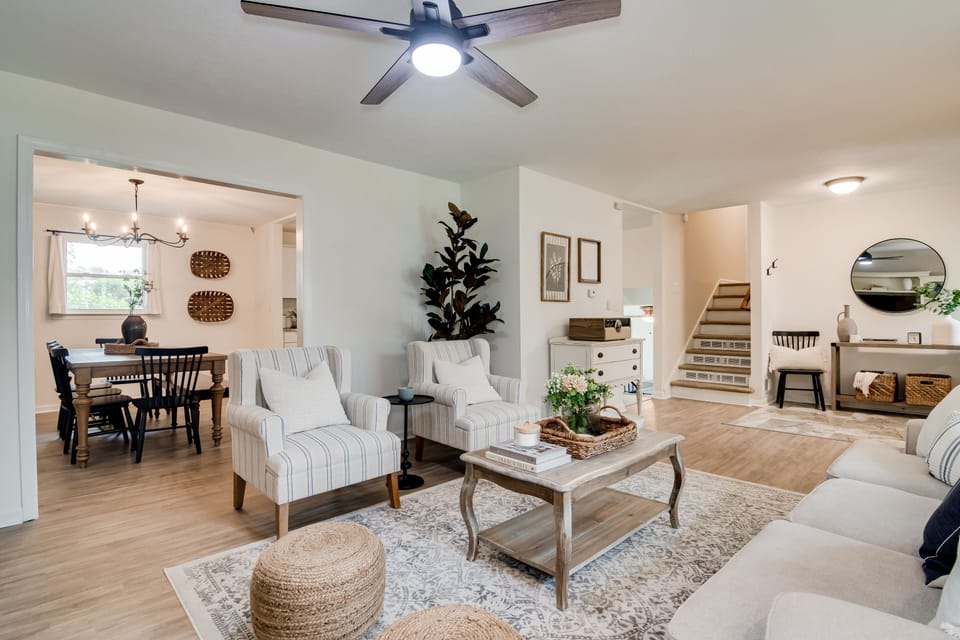 Entryway, dining room and living room.