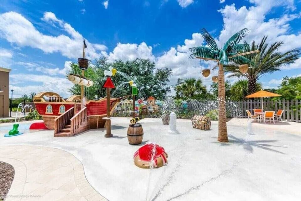 - Resort splash pad with pirate ship fountains slides and shaded seating
- Family friendly water play area perfect for kids of all ages
- Myrtle Beach vacation rental near splash park and pool amenities  
